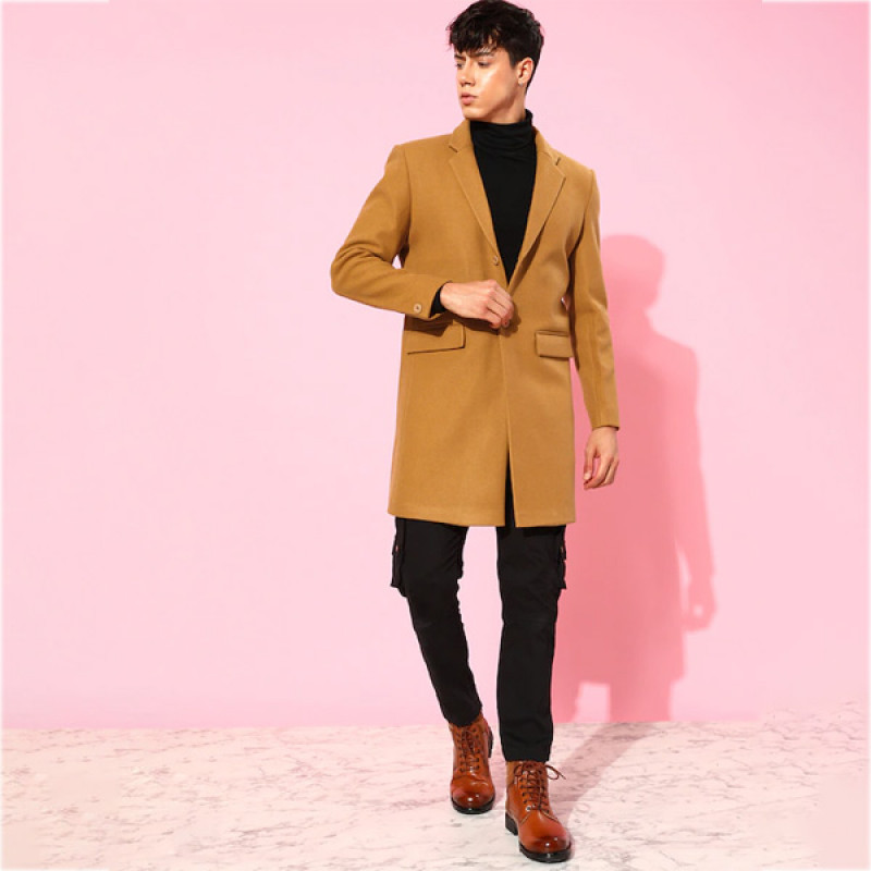 Men Solid Notched-Lapel Regular Fit Leather Overcoat